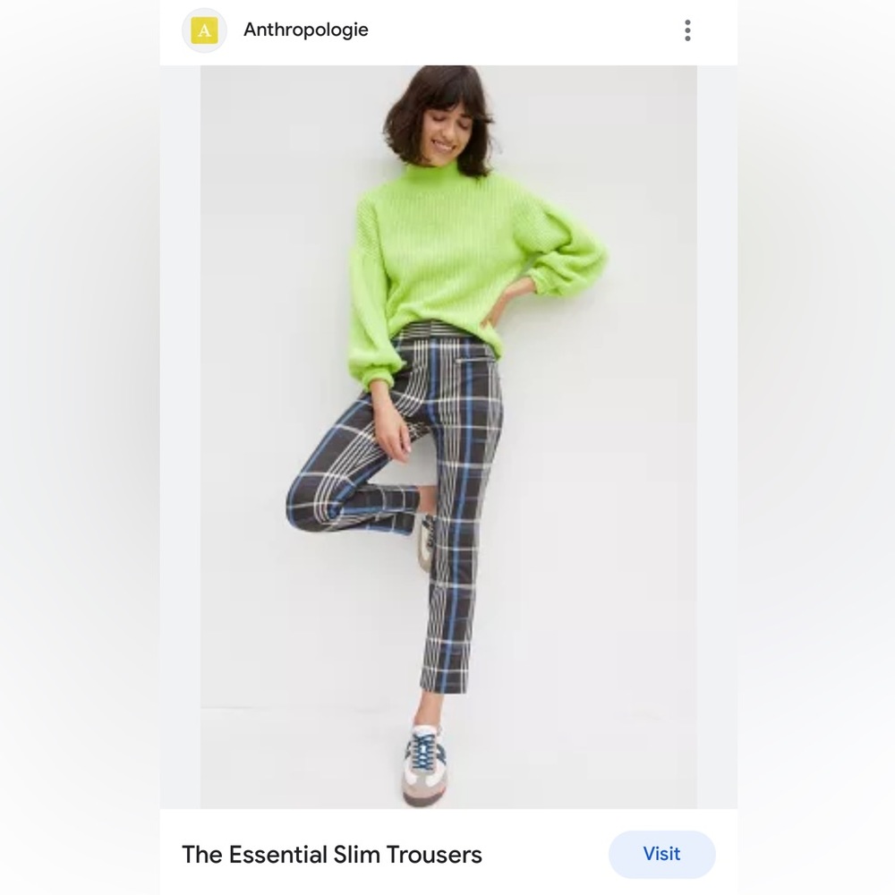 Anthropologie The Essential Slim Trousers Pants Plaid Style Size 00 Petite